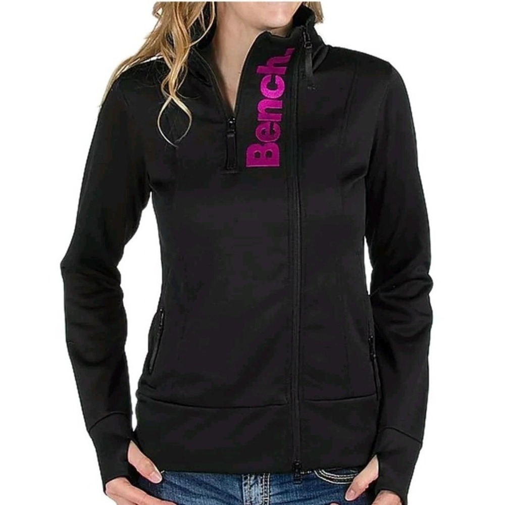 Bench Sporty Sansone Track Jacket Women's M Black Fuchsia Full Zip Fleece Logo